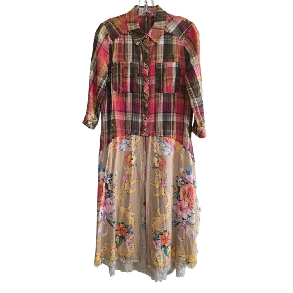 Aratta Silent Journey Plaid Floral Shirt Duster Small Brown Red Cotton